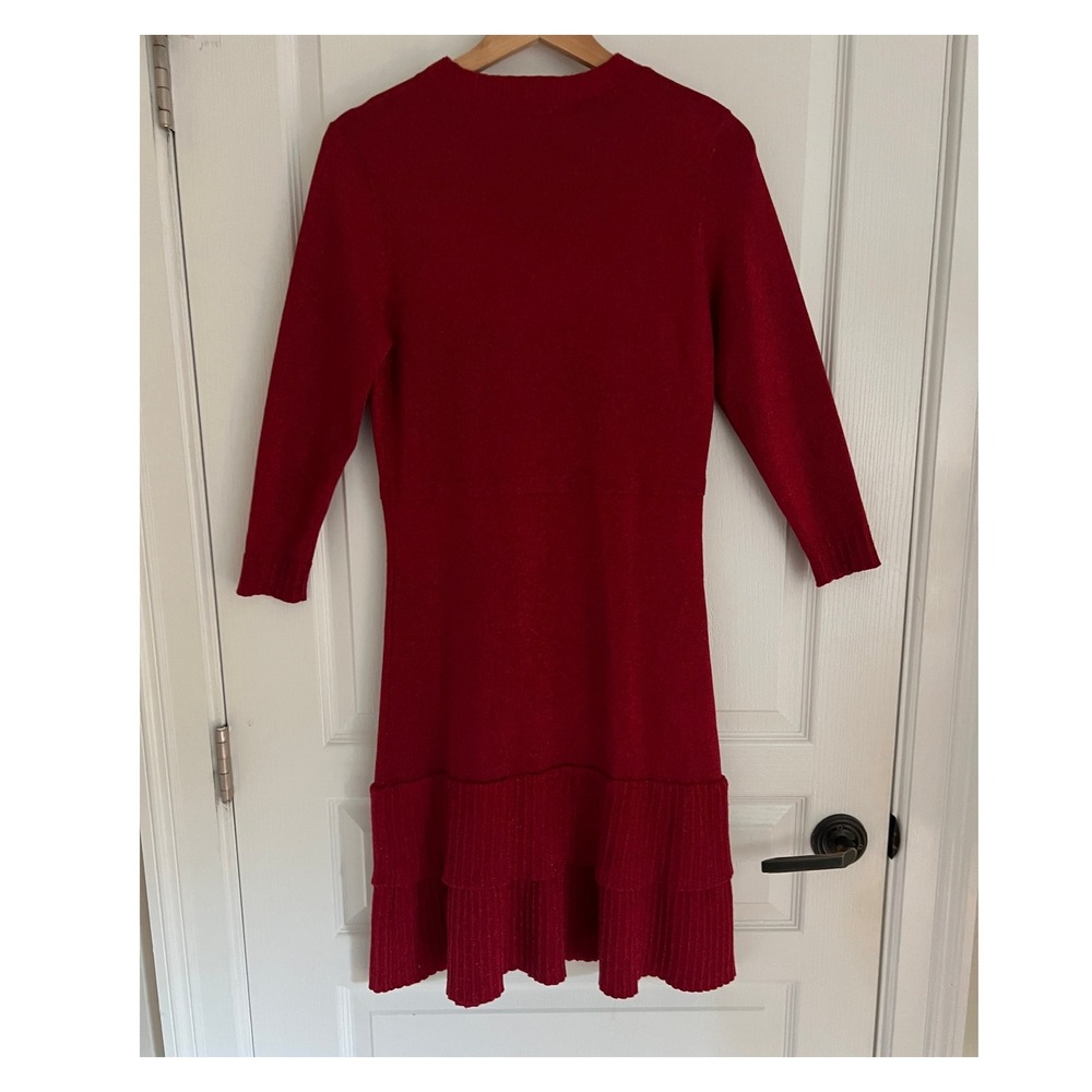 Nanette Lepore Sweater Dress Womens Red Metallic Tiered Ruffle Knit Large Holdy - Picture 6 of 10